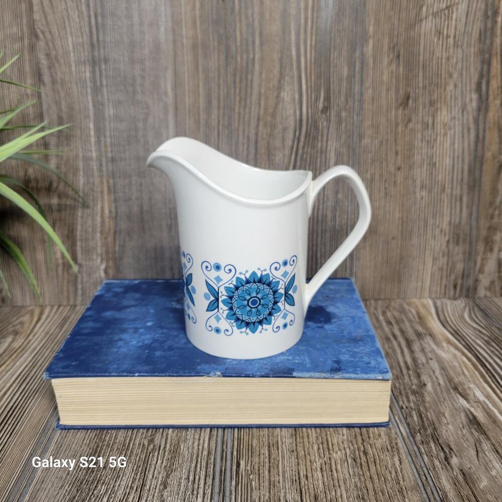 Vintage Johnson Brothers Engadine Milk Jug Creamer Retro Blue Mandala Pattern